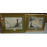 Pair of Watercolours, “Barbed Wire” & “Moonlight”, each signed Basil Rowles, in gilt frames, 19”w