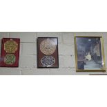 4 embriordered Indian mats from the 19thC (in 2 frames) & an oriental print – Street Merchants (3)