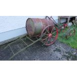Iron Bogie Wheels, painted red, 29" dia (with barrel) & a smaller pair of iron wheels (2)