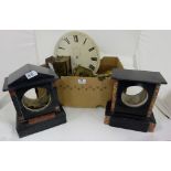 Box of mantle clock parts, Seth Thomas Clock Dial & 2 black slate clock cases