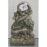 19thC Cast Iron Door Stop, with lion and serpent figures, 11”h