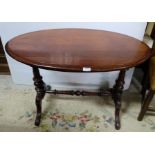 Victorian Mahogany Oval Topped Occasional Table, on turned legs, stretcher base, 4 feet, 38”w x 22”