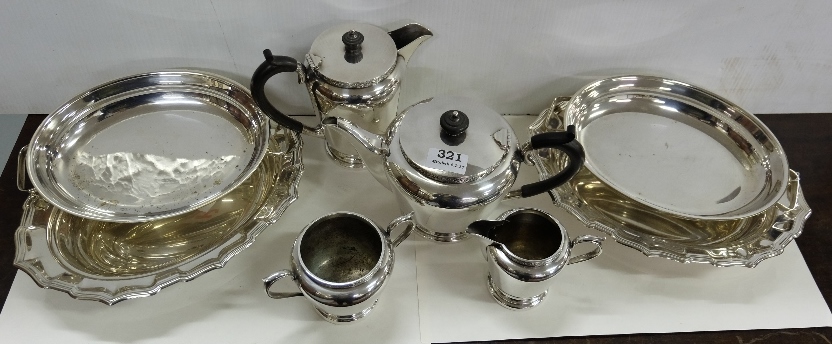 4 Piece EPNS Teaset with celtic design borders & 2 pairs of plated entrée dishes