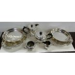 4 Piece EPNS Teaset with celtic design borders & 2 pairs of plated entrée dishes