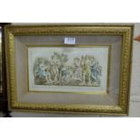 Raised plaster plaque – group of Romans gathered, listening to lyre music, in boxed gilt frame, 18”w