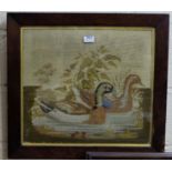 19thC wall mounted needlepoint, Ducks in a natural setting, in rosewood frame, 26”w x 21”h