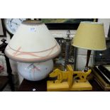 3 electric table lamps (1 pottery, 1 silver plate, 1 wooden), dog shaped bookends & 3 bevelled table