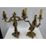 Two 19thC decorative gilt brass candelabra, electrified, 1 with blue stone inserts