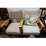 Pair of 1950’s Walnut Framed Armchairs, with red and beige woollen back and seat covers, 1 loose