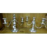Pair of low sized 3-branch silver plate Candleabra - 1 with candle snuffer, each10” high