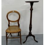 Mahogany Chair with basket weave seat & a mahogany plant stand on tripod base (2)