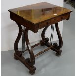 Regency Rosewood Lyre-End Side Table with a frieze drawer, over double stretcher, 4 bun feet, 24”w x