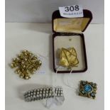 Costume Jewellery – 3 gilt ground brooches & a girls bangle with white stones (4)