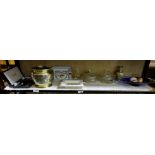 2 shelves of glass ware including crystal bowls, brass jardinere, Mappin & Webb servers, cigar trays
