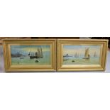 Pair of Victorian Watercolours, Sail Boats in a Harbour, signed Dudley Whitley, in moulded gilded