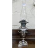 Victorian Silver Plated Container Oil Lamp with swag borders, glass globe, 22”h