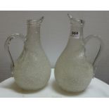 Pair of Victorian crackle glazed water jugs with handles and ice compartment, each 10”h