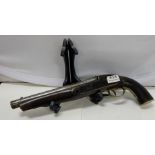 Antique Flintlock Pistol with turned mahogany handle, brass mounted, (damaged at end), 15”w