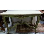 French coffee table, painted green base with sabre legs and gilded mounts, serpentine shaped white