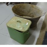 Oval Tin Bath & green enamel bread bin (worn)