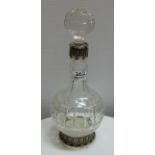Cut Glass Bulbous Decanter with silver plated rim and plinth base and round stopper, 14”h