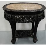 Mid-19thC Intricately Carved Oval Chinese Cherrywood Centre Table, the red and white marble top