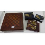 Mahogany Games Box (12”sq) with wooden chess pieces & 3 small Japanese lacquer boxes (4)