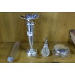 3 silver topped items – perfume bottle, glass trinket dish and snuff bottle and 1 silver bud vase (