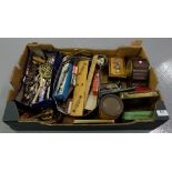 Boxed lot – mathematical instruments, plated cutlery, small mantle clock etc