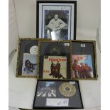 5 pop music framed memorabilia – Beatles Hits 45” rpm, CD, Kate Bush, David Essex, The Monkies