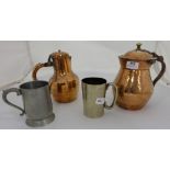 2 antique copper Persian jugs with lids & 3 tankards - 1 Elkington Plate, 1 pewter, 1 ½ pint