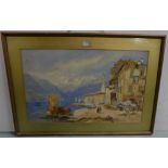 19thC Watercolour – Italian Port town Scene with fishing boats and buildings, in a gold frame, 24”w