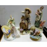 5 porcelain ornaments - 2 Royal Doulton ladies, The Wine Maker, young boy, mother with two
