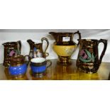 5 Victorian brown Lustre Jugs & a lustre cup (6)