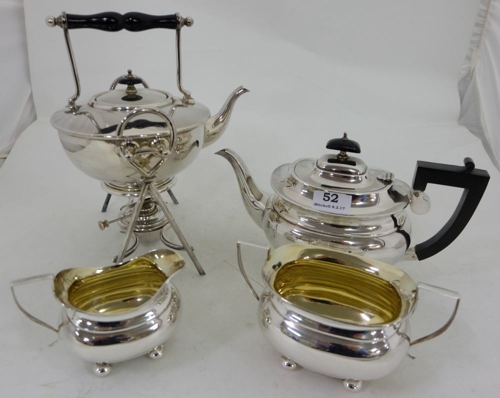 3 piece Silver Plate Teaset (including sugar bowl and cream jug) & Plated Spirit Kettle on stand,