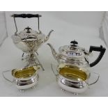 3 piece Silver Plate Teaset (including sugar bowl and cream jug) & Plated Spirit Kettle on stand,