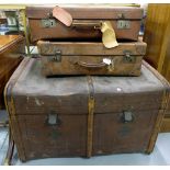 Large Canvas Trunk with wooden bands and two leather suitcases (3)