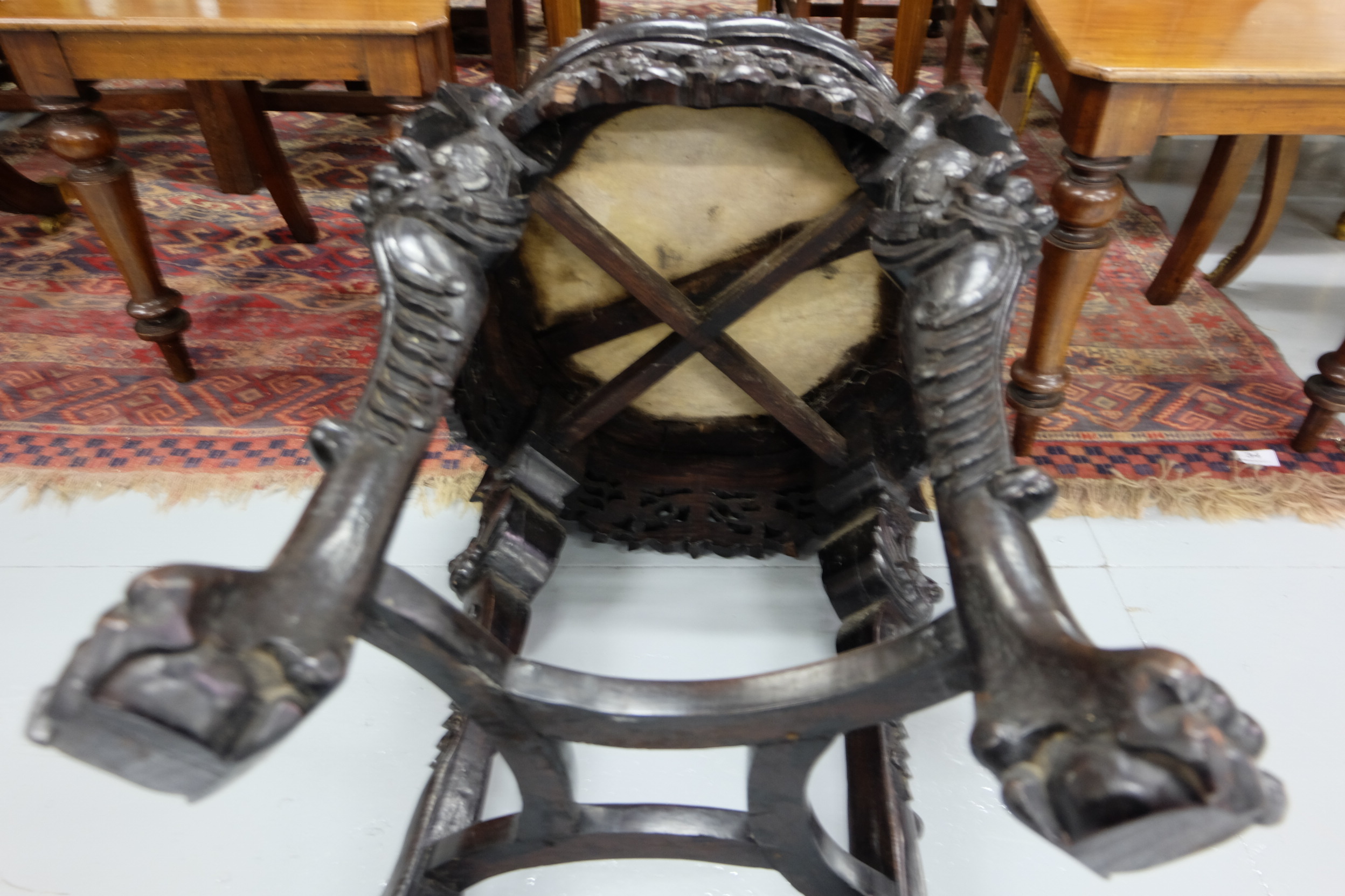 Victorian Chinese Hardwood Lamp Table, with a button detailed circular shaped top, inset with red - Image 2 of 3