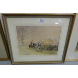 4 pictures - Watercolour by Frank Munger ’84 – farm horses at harvest & 2 black and white
