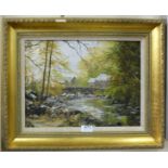 Oil on Canvas, study of a rural River and Mill House, in molded gilt frame, signed Kate Holland 21”w