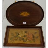 Oval Edw Mahogany Inlaid Serving Tray & rectangular shaped mahogany tray with floral décor (2)