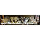 Shelf of China Items – English coffee set, Pair of Vases with lids, coloured plates, Sylvac