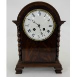 Chiming Mantle Clock in Mahogany Case, with white dial, roped side columns, flame mahogany front,