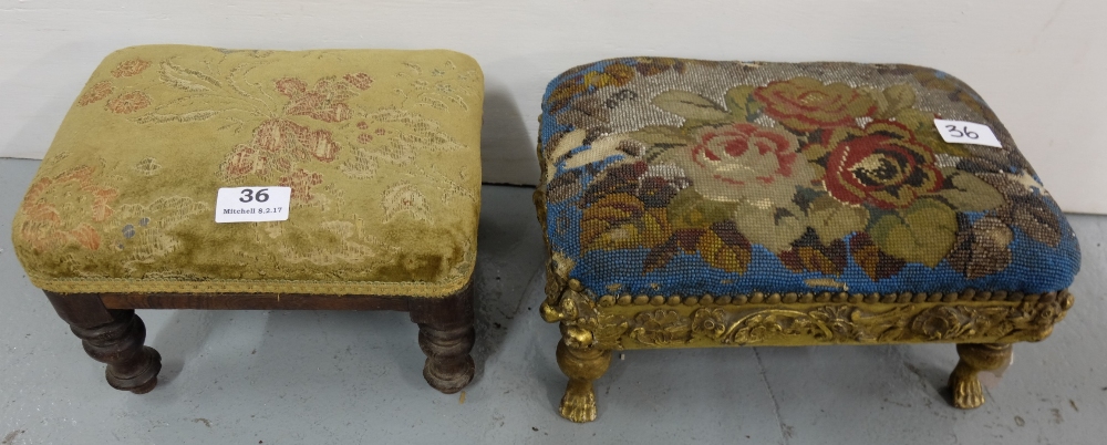 Two antique footstools, 1 painted gold with floral beaded top & 1 green velvet covered (2)