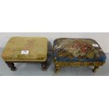 Two antique footstools, 1 painted gold with floral beaded top & 1 green velvet covered (2)