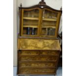 Continental Walnut Bureau Bookcase, the two glazed doors over a fall-front desk enclosing an