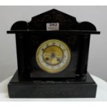 Edwardian Black Slate Mantle Clock with doric columns, white and brass inlaid dial, stamped “
