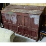 Antique Pine Grain Bin with paneled front, original red paint, 66”w x 25”d x 39”h