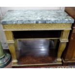 Regency carved and gilded Console Table with simulated rosewood stretcher shelf and base, green