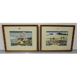 Pair Japanese coloured etchings, in boxed pine frames, “Rice Gathering” & “Blossom Trees”, signed
